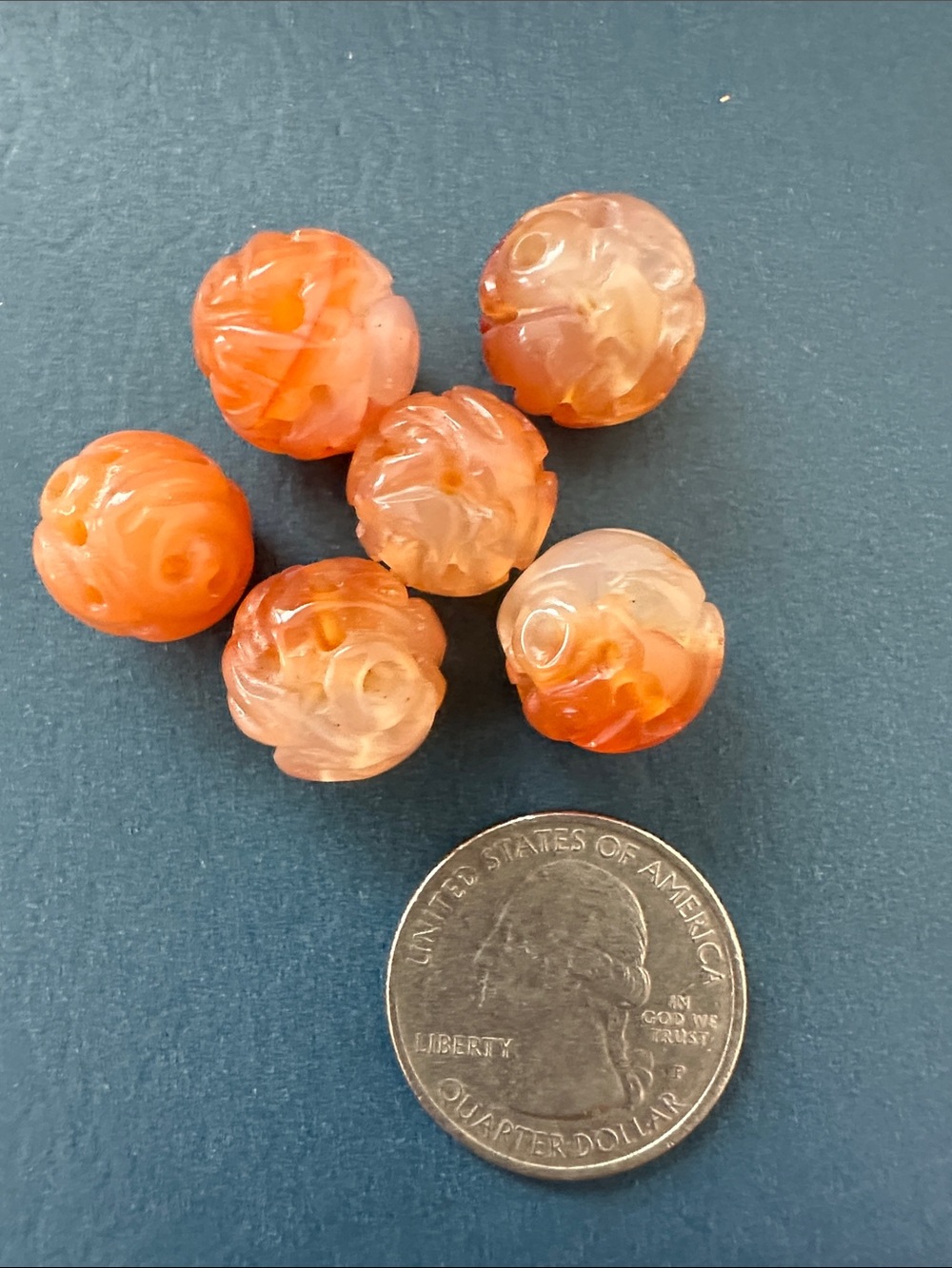 Carved Orange Agate Round Beads - 6pc